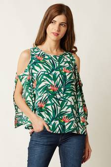 Women's Multicolored Round Neck quarter_sleeve Printed Cold Shoulder Cut-Out Top