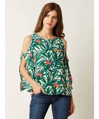 Women's Multicolored Round Neck quarter_sleeve Printed Cold Shoulder Cut-Out Top 1