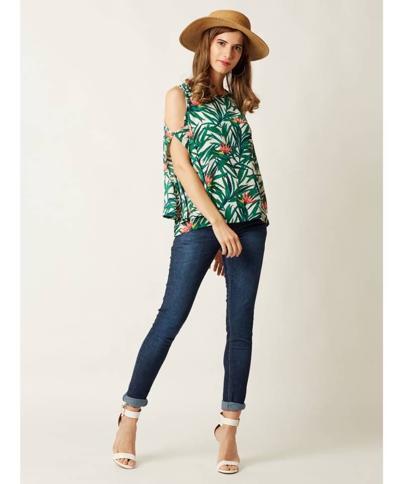 Women's Multicolored Round Neck quarter_sleeve Printed Cold Shoulder Cut-Out Top