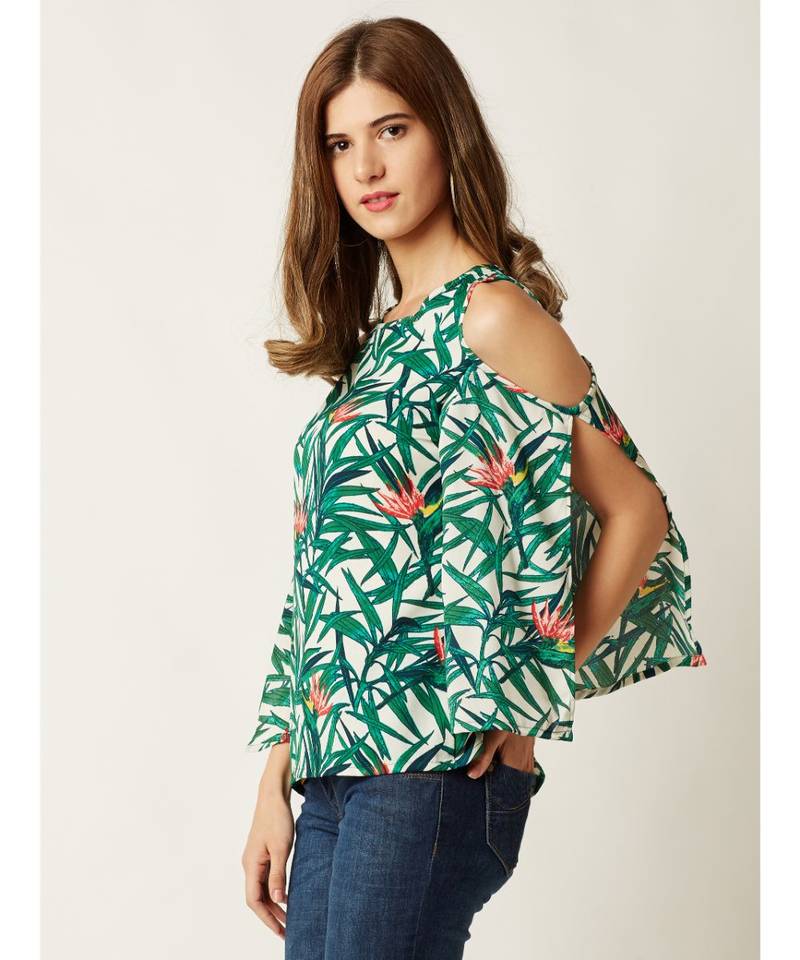 Women's Multicolored Round Neck quarter_sleeve Printed Cold Shoulder Cut-Out Top