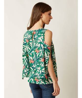 Women's Multicolored Round Neck quarter_sleeve Printed Cold Shoulder Cut-Out Top 4