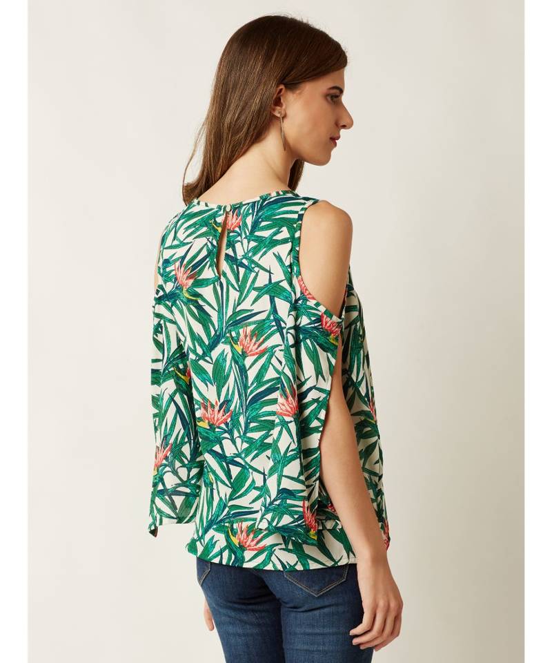 Women's Multicolored Round Neck quarter_sleeve Printed Cold Shoulder Cut-Out Top