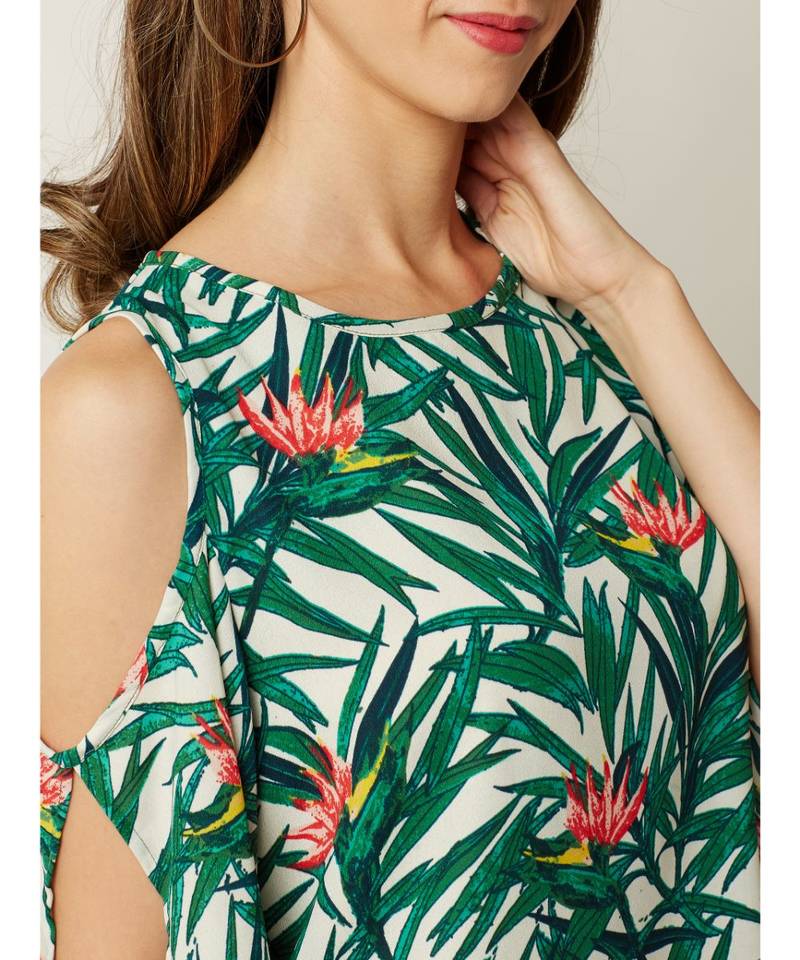 Women's Multicolored Round Neck quarter_sleeve Printed Cold Shoulder Cut-Out Top