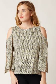 Women's Multicolored Round Neck quarter_sleeve Cold Shoulder Cut-Out Printed Top