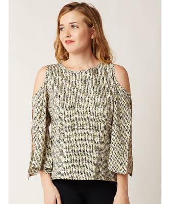 Women's Multicolored Round Neck quarter_sleeve Cold Shoulder Cut-Out Printed Top 1