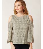 Women's Multicolored Round Neck quarter_sleeve Cold Shoulder Cut-Out Printed Top