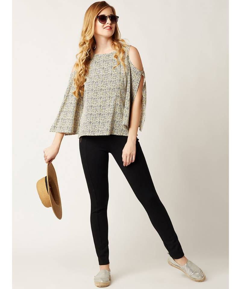 Women's Multicolored Round Neck quarter_sleeve Cold Shoulder Cut-Out Printed Top