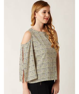 Women's Multicolored Round Neck quarter_sleeve Cold Shoulder Cut-Out Printed Top 3