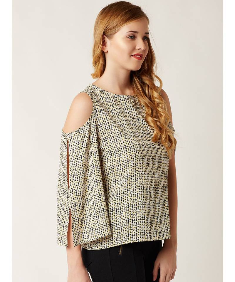 Women's Multicolored Round Neck quarter_sleeve Cold Shoulder Cut-Out Printed Top