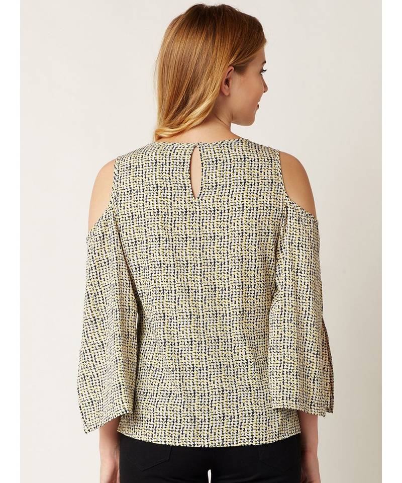 Women's Multicolored Round Neck quarter_sleeve Cold Shoulder Cut-Out Printed Top