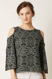 Women's Multicolored Round Neck quarter_sleeve Printed Cut- Out Cold Shoulder Top
