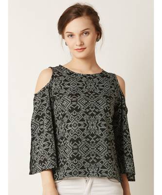 Women's Multicolored Round Neck quarter_sleeve Printed Cut- Out Cold Shoulder Top 1