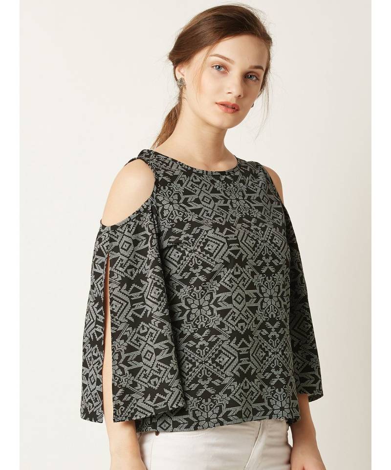 Women's Multicolored Round Neck quarter_sleeve Printed Cut- Out Cold Shoulder Top