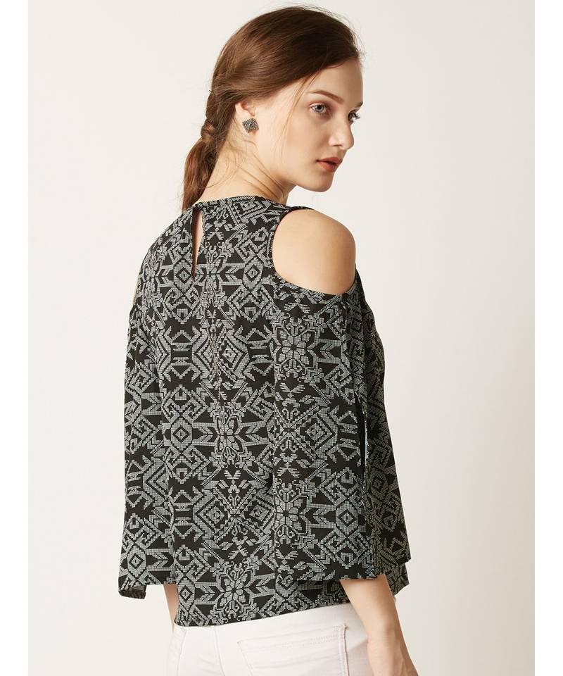 Women's Multicolored Round Neck quarter_sleeve Printed Cut- Out Cold Shoulder Top