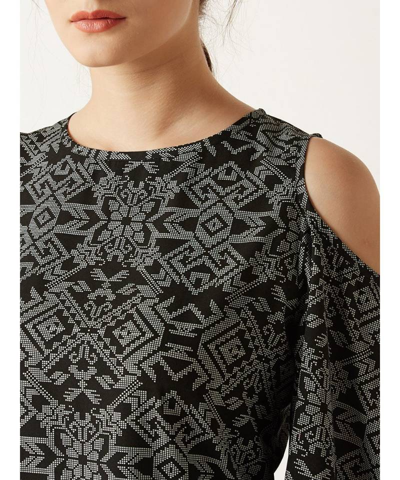 Women's Multicolored Round Neck quarter_sleeve Printed Cut- Out Cold Shoulder Top