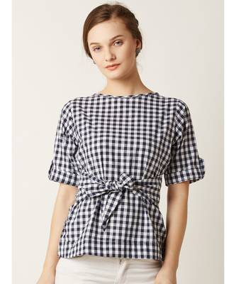 Women's Multicolored Round Neck half_sleeve Checkered Tie-Up Top 1