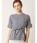 Women's Multicolored Round Neck half_sleeve Checkered Tie-Up Top