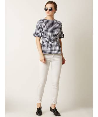 Women's Multicolored Round Neck half_sleeve Checkered Tie-Up Top 2