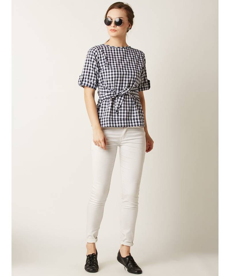 Women's Multicolored Round Neck half_sleeve Checkered Tie-Up Top