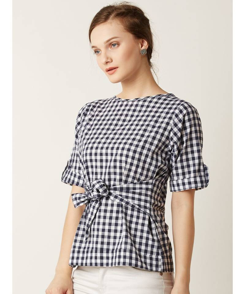 Women's Multicolored Round Neck half_sleeve Checkered Tie-Up Top