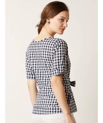Women's Multicolored Round Neck half_sleeve Checkered Tie-Up Top 4
