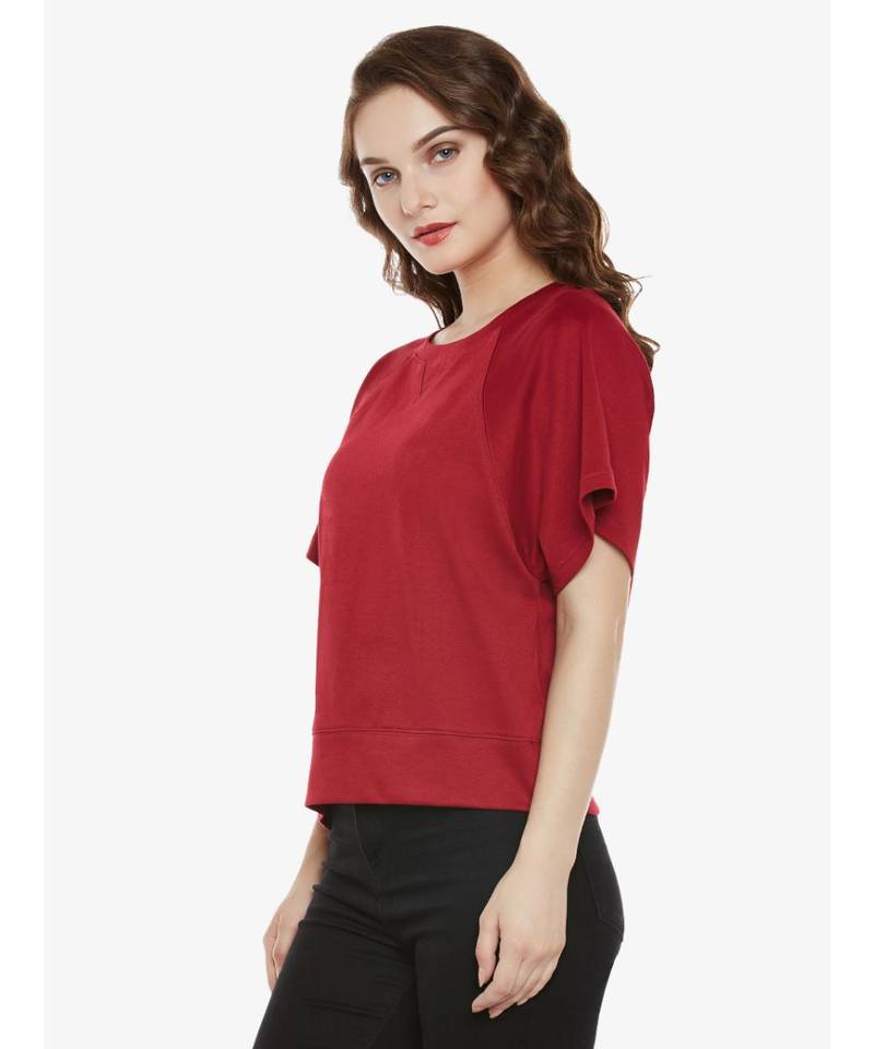 Women's Maroon Round Neck half_sleeve Solid Ribbed Boxy Top