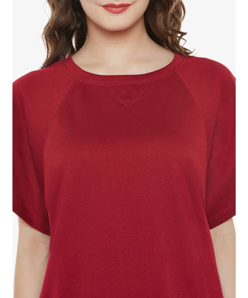 Women's Maroon Round Neck half_sleeve Solid Ribbed Boxy Top