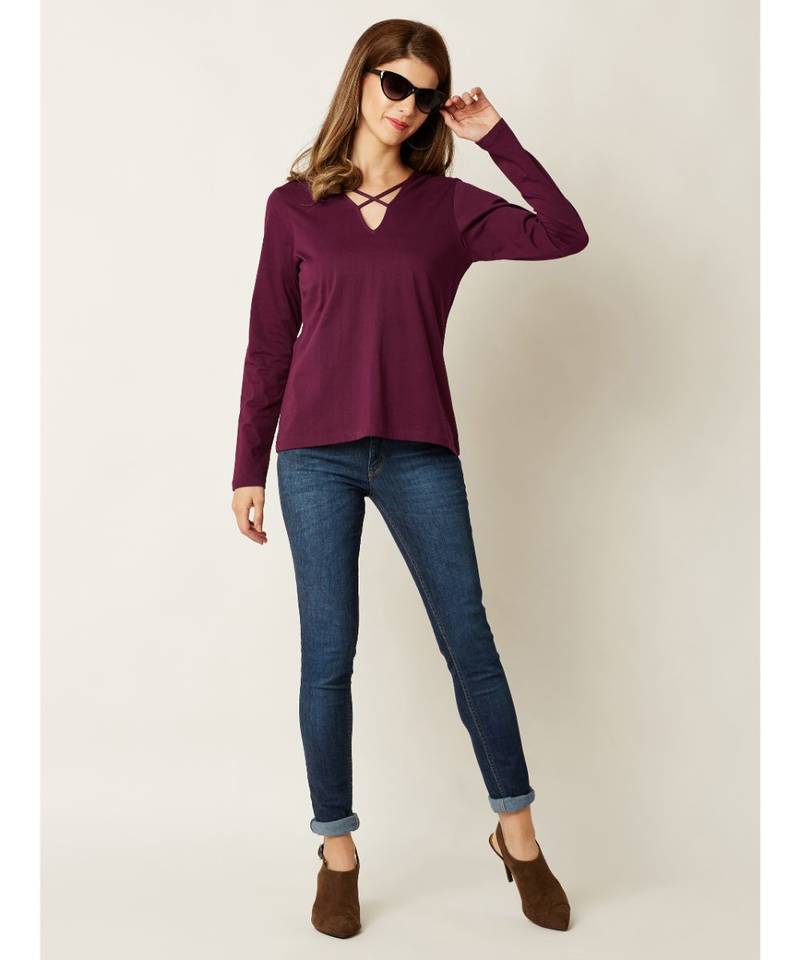 Women's Magenta Criss Cross V Neck full_sleeve Solid Top