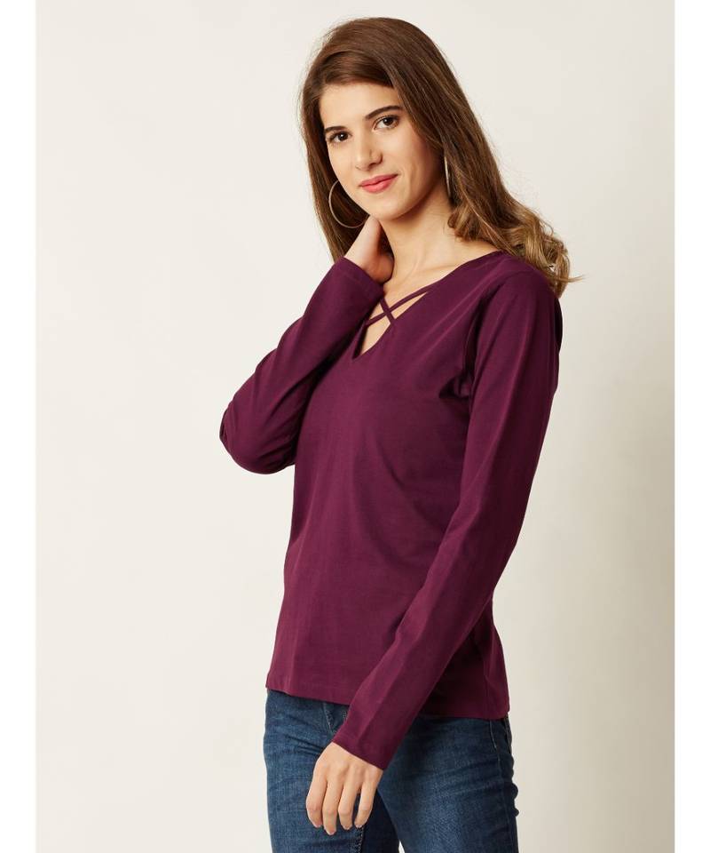 Women's Magenta Criss Cross V Neck full_sleeve Solid Top