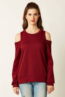 Women's Maroon Round Neck full_sleeve Solid Cold Shoulder Boxy Cut-Out Top