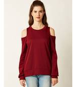 Women's Maroon Round Neck full_sleeve Solid Cold Shoulder Boxy Cut-Out Top