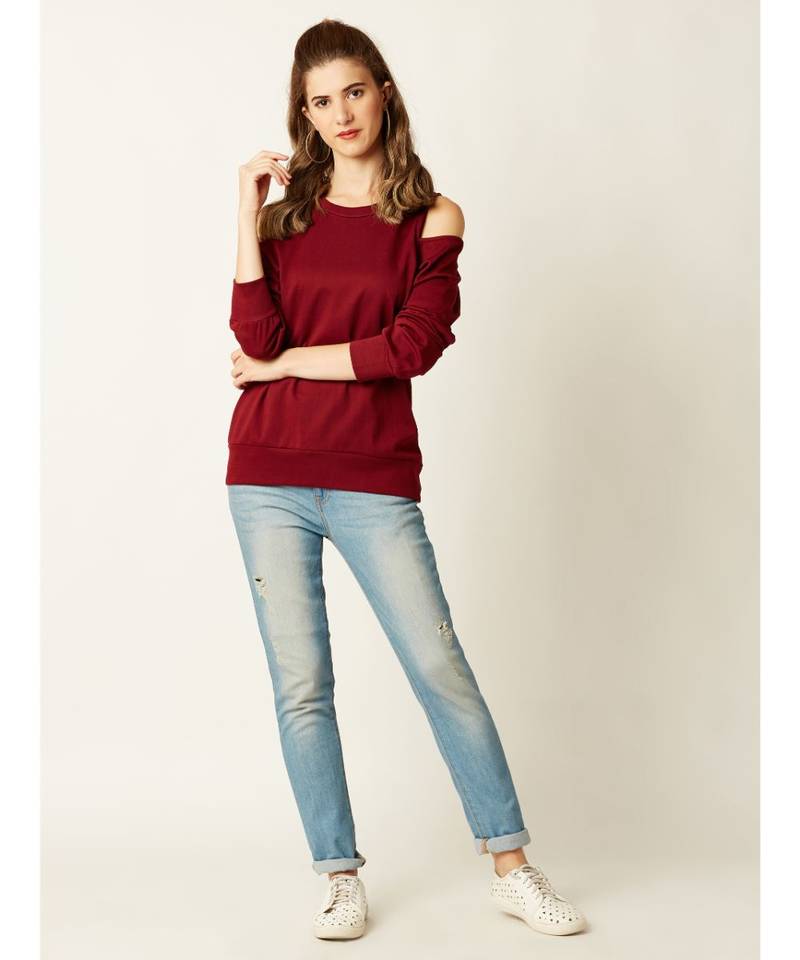 Women's Maroon Round Neck full_sleeve Solid Cold Shoulder Boxy Cut-Out Top