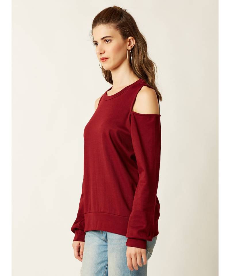 Women's Maroon Round Neck full_sleeve Solid Cold Shoulder Boxy Cut-Out Top
