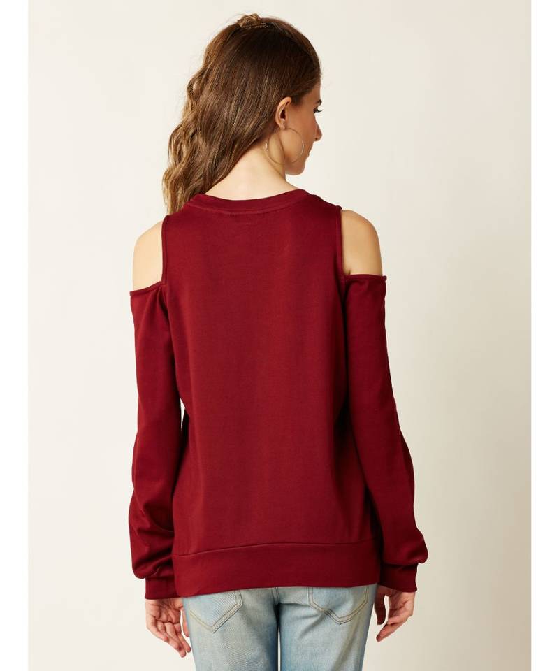 Women's Maroon Round Neck full_sleeve Solid Cold Shoulder Boxy Cut-Out Top