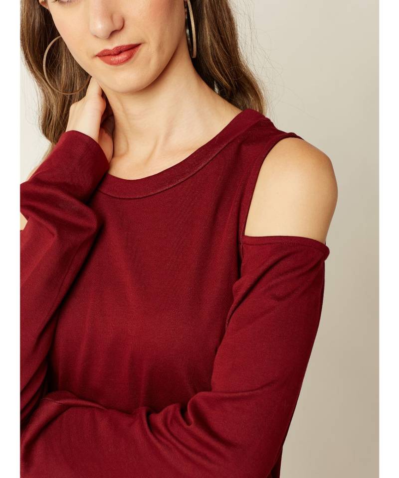 Women's Maroon Round Neck full_sleeve Solid Cold Shoulder Boxy Cut-Out Top