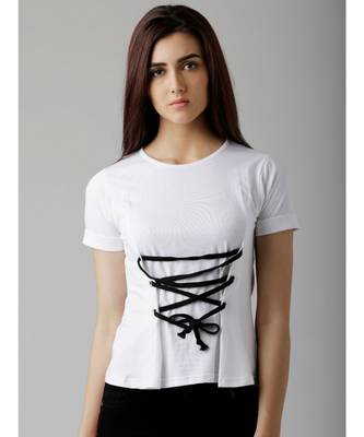 Women's White Round Neck short_sleeve Solid Cinched Waist Criss Cross Tie-Up Top 1