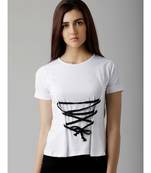 Women's White Round Neck short_sleeve Solid Cinched Waist Criss Cross Tie-Up Top