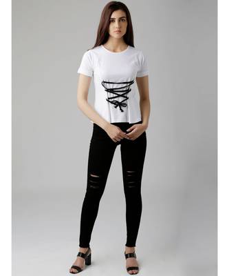 Women's White Round Neck short_sleeve Solid Cinched Waist Criss Cross Tie-Up Top 2