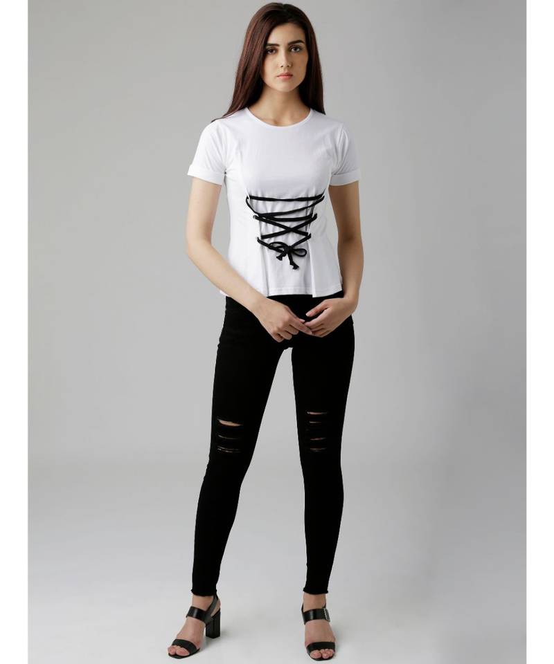 Women's White Round Neck short_sleeve Solid Cinched Waist Criss Cross Tie-Up Top