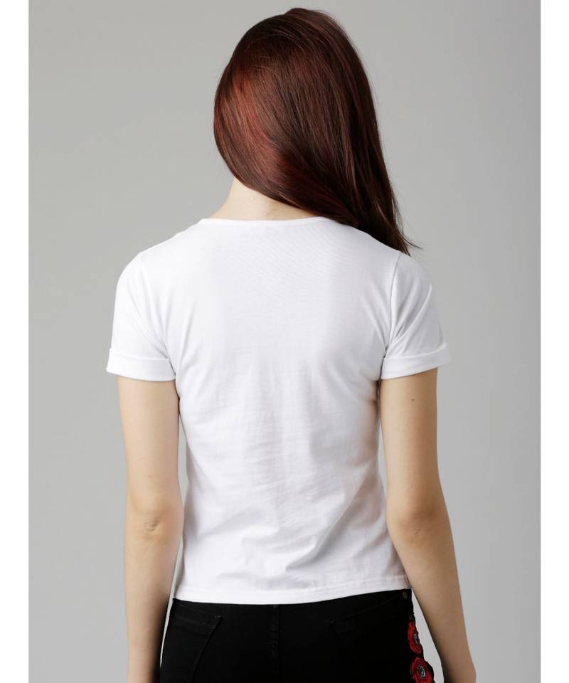 Women's White Round Neck short_sleeve Solid Cinched Waist Criss Cross Tie-Up Top