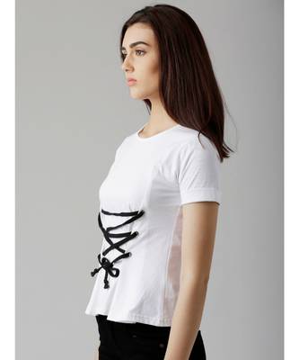 Women's White Round Neck short_sleeve Solid Cinched Waist Criss Cross Tie-Up Top 4
