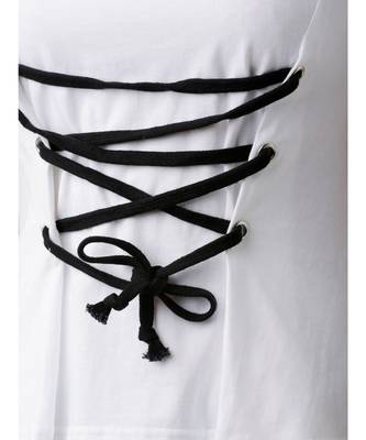 Women's White Round Neck short_sleeve Solid Cinched Waist Criss Cross Tie-Up Top 5