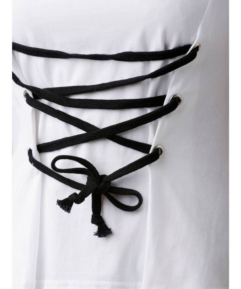 Women's White Round Neck short_sleeve Solid Cinched Waist Criss Cross Tie-Up Top