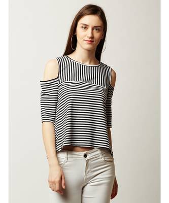 Women's Black And White Round Neck half_sleeve Striped Cold Shoulder Top 1