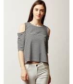 Women's Black And White Round Neck half_sleeve Striped Cold Shoulder Top