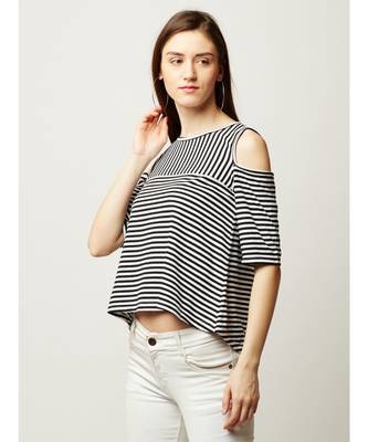 Women's Black And White Round Neck half_sleeve Striped Cold Shoulder Top 3