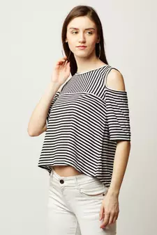 Women's Black And White Round Neck half_sleeve Striped Cold Shoulder Top