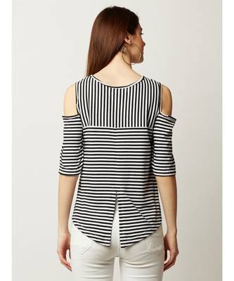 Women's Black And White Round Neck half_sleeve Striped Cold Shoulder Top 4