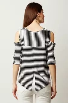 Women's Black And White Round Neck half_sleeve Striped Cold Shoulder Top