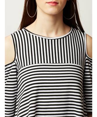 Women's Black And White Round Neck half_sleeve Striped Cold Shoulder Top 5